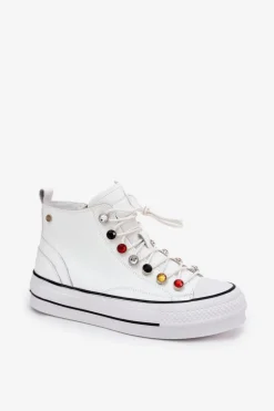 Skórzane Wysokie Trampki Damskie GOE RR2N4102 Białe