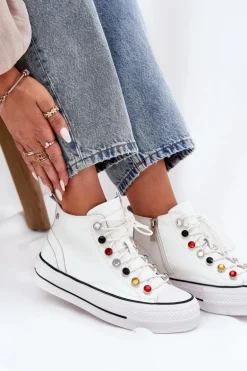 Skórzane Wysokie Trampki Damskie GOE RR2N4102 Białe