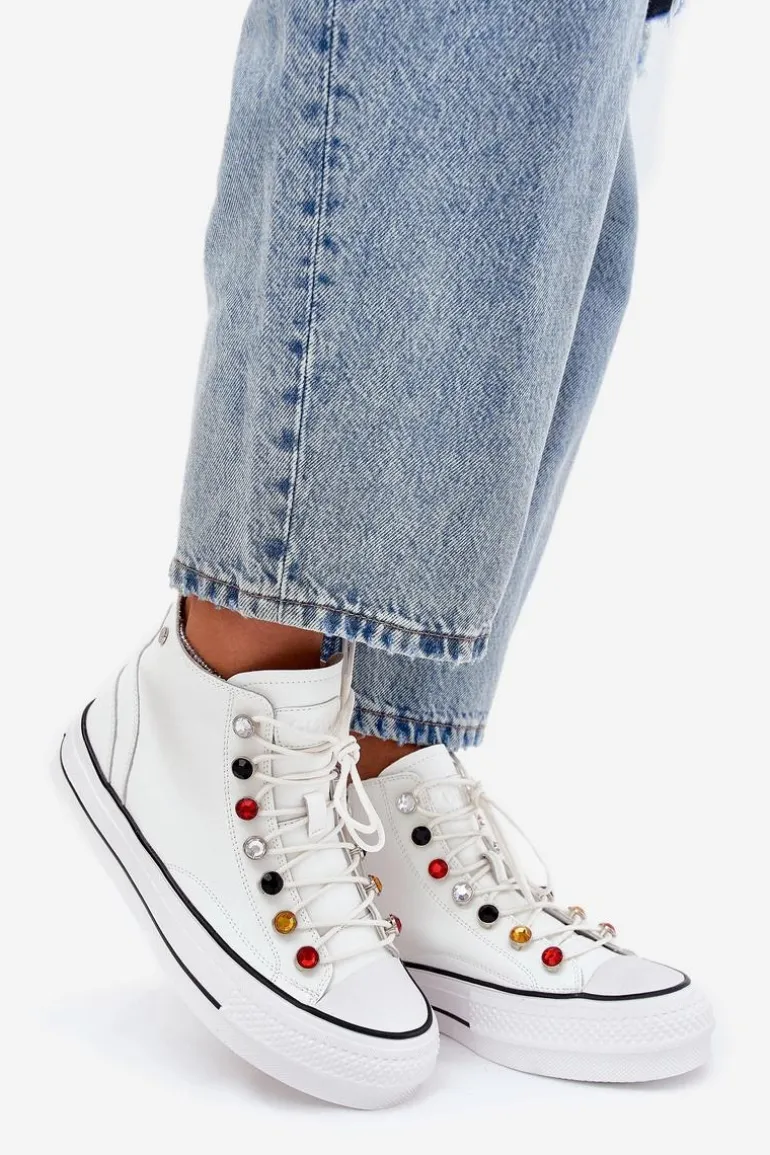 Skórzane Wysokie Trampki Damskie GOE RR2N4102 Białe