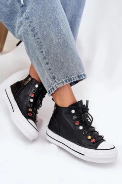 Skórzane Wysokie Trampki Damskie GOE RR2N4101 Czarne