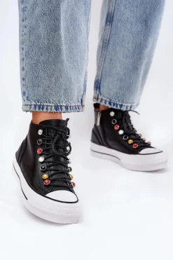 Skórzane Wysokie Trampki Damskie GOE RR2N4101 Czarne