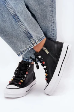 Skórzane Wysokie Trampki Damskie GOE RR2N4101 Czarne