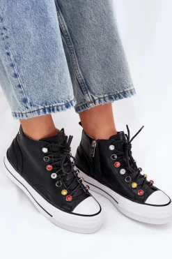 Skórzane Wysokie Trampki Damskie GOE RR2N4101 Czarne