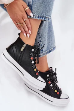 Skórzane Wysokie Trampki Damskie GOE RR2N4101 Czarne