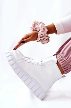 Skórzane Wysokie Trampki Na Platformie Białe Meniphise