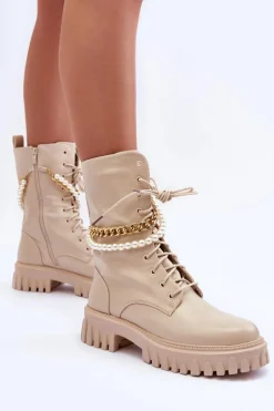 Skórzane Wysokie Workery Z Łańcuszkiem Beżowe Nameer