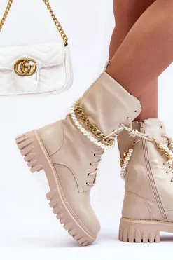 Skórzane Wysokie Workery Z Łańcuszkiem Beżowe Nameer