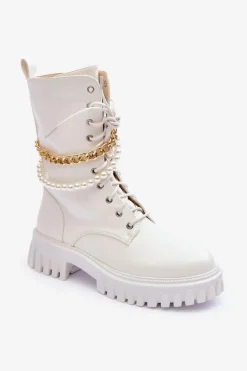 Skórzane Wysokie Workery Z Łańcuszkiem Białe Nameer