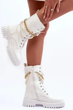 Skórzane Wysokie Workery Z Łańcuszkiem Białe Nameer