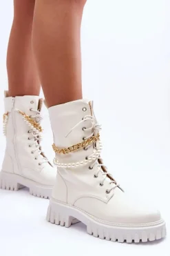 Skórzane Wysokie Workery Z Łańcuszkiem Białe Nameer