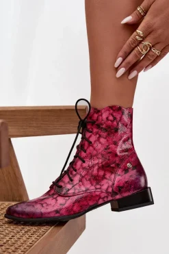 Skórzane Wzorzyste Botki Na Płaskim Obcasie Maciejka 06391-23 Różowe