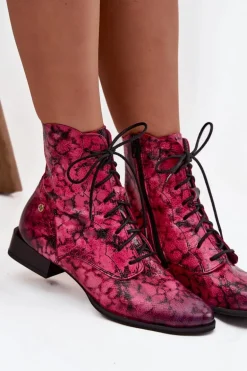 Skórzane Wzorzyste Botki Na Płaskim Obcasie Maciejka 06391-23 Różowe