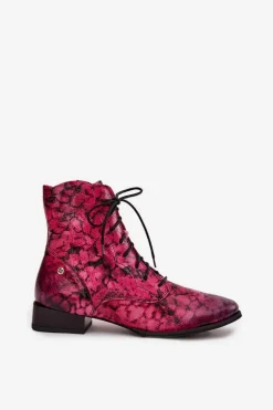 Skórzane Wzorzyste Botki Na Płaskim Obcasie Maciejka 06391-23 Różowe