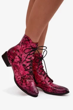 Skórzane Wzorzyste Botki Na Płaskim Obcasie Maciejka 06391-23 Różowe