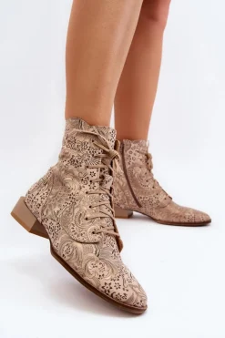 Skórzane Wzorzyste Botki Na Płaskim Obcasie Maciejka 06391-04 Beżowe