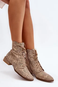 Skórzane Wzorzyste Botki Na Płaskim Obcasie Maciejka 06391-04 Beżowe