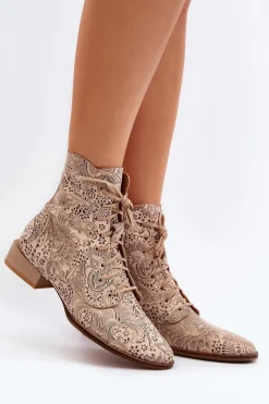 Skórzane Wzorzyste Botki Na Płaskim Obcasie Maciejka 06391-04 Beżowe
