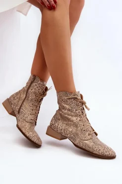 Skórzane Wzorzyste Botki Na Płaskim Obcasie Maciejka 06391-04 Beżowe