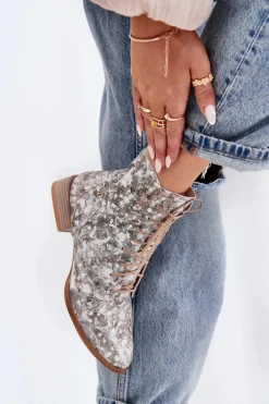 Skórzane Wzorzyste Botki Na Płaskim Obcasie Maciejka 06391-25 Beżowe