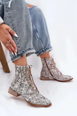 Skórzane Wzorzyste Botki Na Płaskim Obcasie Maciejka 06391-25 Beżowe
