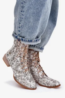 Skórzane Wzorzyste Botki Na Płaskim Obcasie Maciejka 06391-25 Beżowe