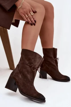 Skórzane Zamszowe Botki Damskie Na Słupku Zazoo 1151 Czekoladowe