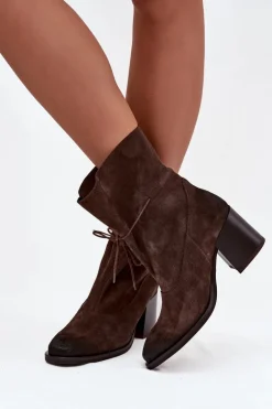 Skórzane Zamszowe Botki Damskie Na Słupku Zazoo 1151 Czekoladowe