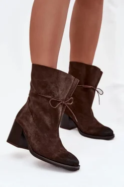 Skórzane Zamszowe Botki Damskie Na Słupku Zazoo 1151 Czekoladowe