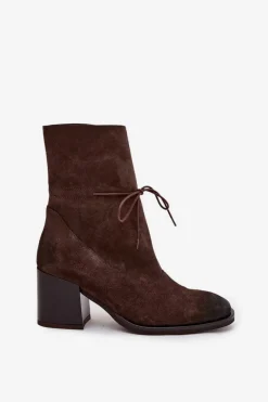 Skórzane Zamszowe Botki Damskie Na Słupku Zazoo 1151 Czekoladowe