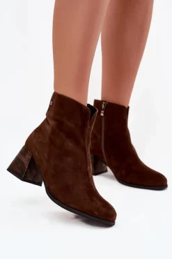 Skórzane Zamszowe Botki Damskie Na Słupku Maciejka K7202-02 Czekoladowe
