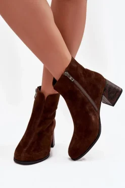 Skórzane Zamszowe Botki Damskie Na Słupku Maciejka K7202-02 Czekoladowe