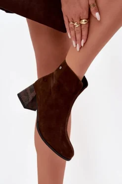 Skórzane Zamszowe Botki Damskie Na Słupku Maciejka K7202-02 Czekoladowe