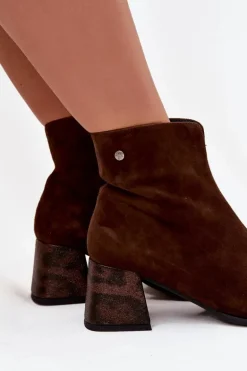 Skórzane Zamszowe Botki Damskie Na Słupku Maciejka K7202-02 Czekoladowe