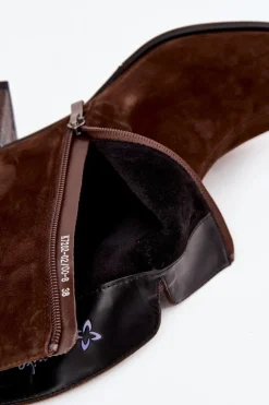 Skórzane Zamszowe Botki Damskie Na Słupku Maciejka K7202-02 Czekoladowe