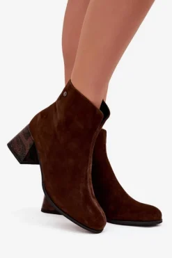 Skórzane Zamszowe Botki Damskie Na Słupku Maciejka K7202-02 Czekoladowe