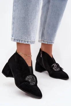 Skórzane Zamszowe Botki Damskie Na Obcasie Z Ozdobą D&A MR52-182 Czarne