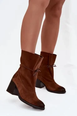 Skórzane Zamszowe Botki Damskie Na Słupku Zazoo 1151 Brązowe