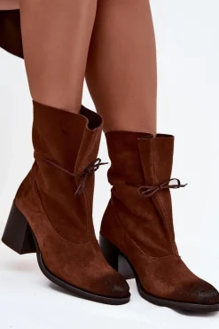 Skórzane Zamszowe Botki Damskie Na Słupku Zazoo 1151 Brązowe