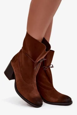 Skórzane Zamszowe Botki Damskie Na Słupku Zazoo 1151 Brązowe