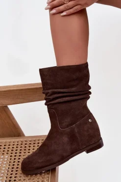 Skórzane Zamszowe Botki Damskie Z Marszczeniem Ocieplane Maciejka K7211-02 Czekoladowe