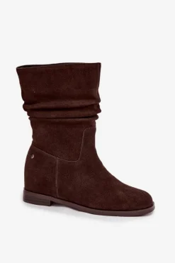 Skórzane Zamszowe Botki Damskie Z Marszczeniem Ocieplane Maciejka K7211-02 Czekoladowe