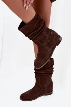 Skórzane Zamszowe Botki Damskie Z Marszczeniem Ocieplane Maciejka K7211-02 Czekoladowe
