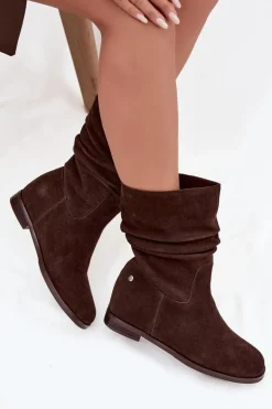 Skórzane Zamszowe Botki Damskie Z Marszczeniem Ocieplane Maciejka K7211-02 Czekoladowe