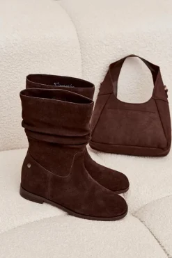 Skórzane Zamszowe Botki Damskie Z Marszczeniem Ocieplane Maciejka K7211-02 Czekoladowe