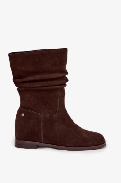 Skórzane Zamszowe Botki Damskie Z Marszczeniem Ocieplane Maciejka K7211-02 Czekoladowe