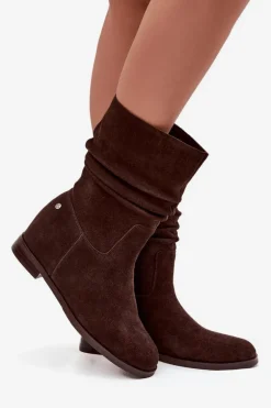 Skórzane Zamszowe Botki Damskie Z Marszczeniem Ocieplane Maciejka K7211-02 Czekoladowe