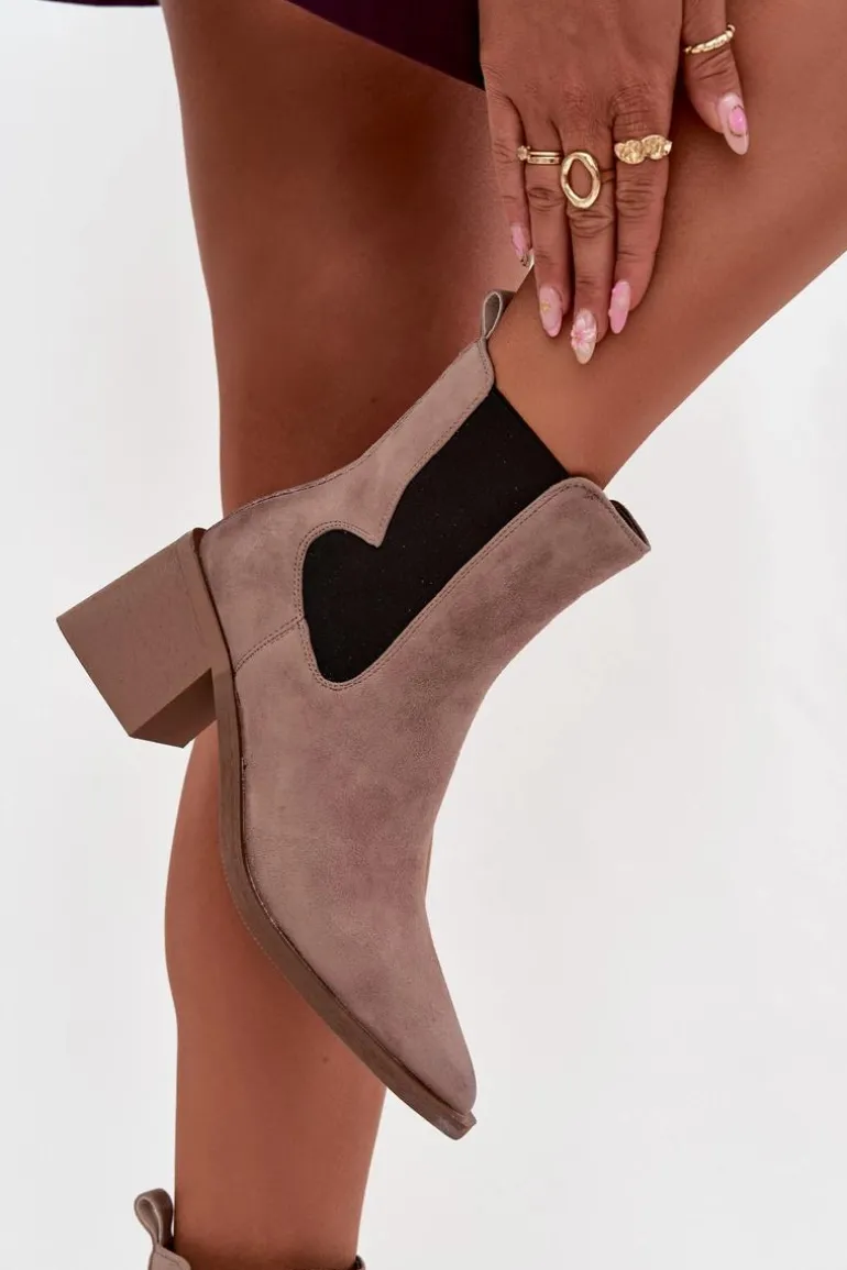 Skórzane Zamszowe Botki Damskie Na Słupku Ocieplane Artiker 57C0045 Beżowe