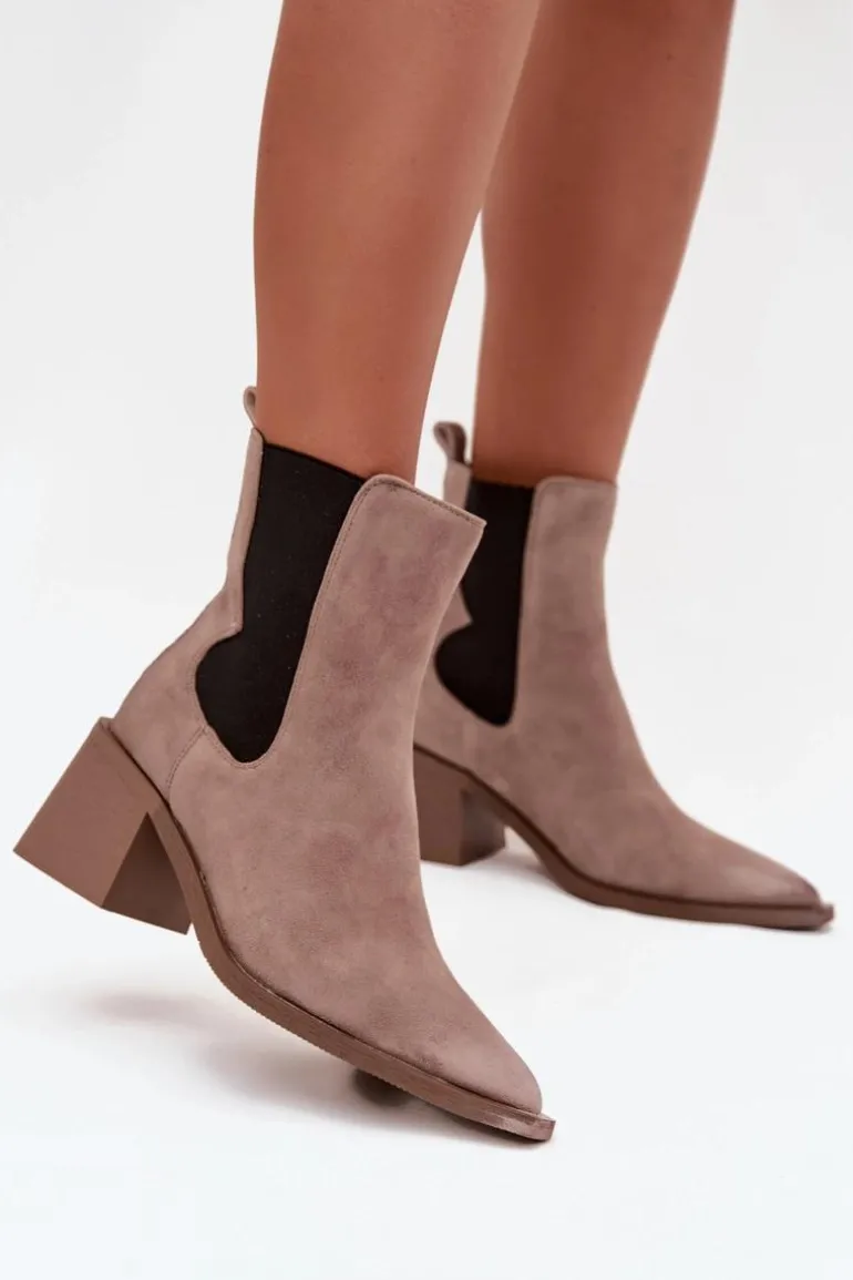 Skórzane Zamszowe Botki Damskie Na Słupku Ocieplane Artiker 57C0045 Beżowe