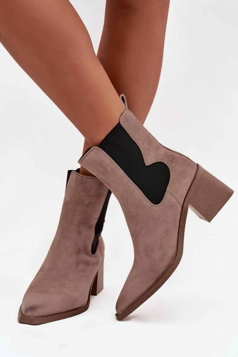 Skórzane Zamszowe Botki Damskie Na Słupku Ocieplane Artiker 57C0045 Beżowe