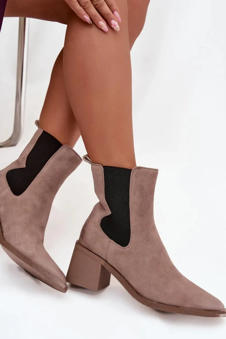 Skórzane Zamszowe Botki Damskie Na Słupku Ocieplane Artiker 57C0045 Beżowe